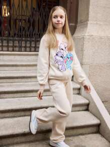 SHEIN 2 件套女童休闲可爱兔子图案连帽衫和裤子套装，秋冬 - 杏色 - 查看 1