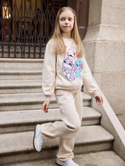 SHEIN 2 件套女童休闲可爱兔子图案连帽衫和裤子套装，秋冬