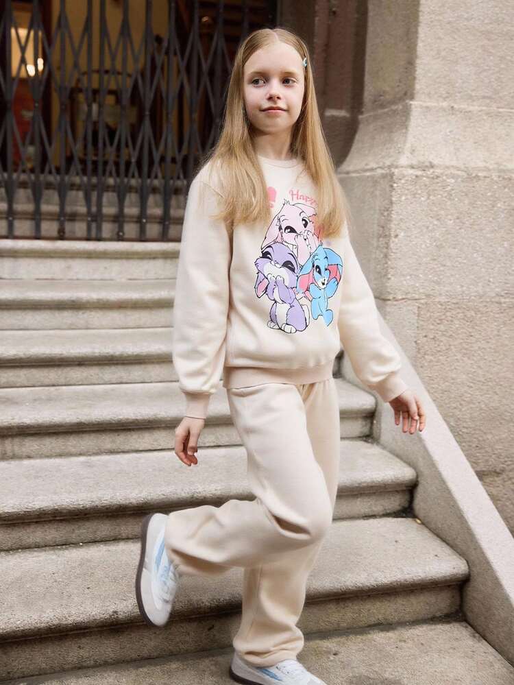 SHEIN 2 件套女童休闲可爱兔子图案连帽衫和裤子套装，秋冬 - 杏色 - 查看 1