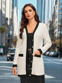 SHEIN Clasi 女士优雅舒适的黑白前扣长款开衫