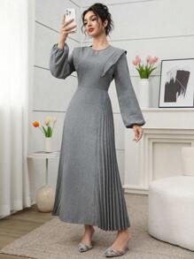 SHEIN Najma Vestido elegante de mujer con cuello redondo, bajo con volantes, mangas farol, cintura plisada y ajuste ceñido - Gris - Ver 3