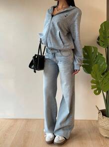 SHEIN EZwear Grey Knit Hooded Cherry Print Women Sweatshirt, Suitable For Autumn/Winter, Back To School Season, Airport Hoodie,Zip Up - Grey - View 4