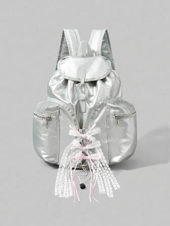 Grunge Punk Y2K süßer & sexy Schleifen-Dekor Kordelzug Klappe Rucksack, minimalistischer silberner technisch inspirierter Zugbeutel, wasserdichte leichte Tragetasche mit großer Kapazität und Faltfunktion, geeignet für Lässig, Reisen, Pendeln und täglichen Gebrauch