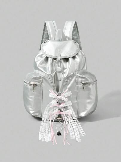 Grunge Punk حقيبة ظهر بسحاب وفتحة مزينة بفيونكة، جذابة وأنيقة بطراز Y2K، حقيبة كتف مبطنة بالفضي بإلهام تقني، حقيبة كبيرة السعة قابلة للطي مقاومة للماء، مناسبة للاستخدام اليومي والسفر والتنقل