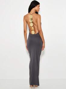 KIZN Backless Evening Maxi Dress Plunge Neckline Side Ruched Elegant Gold Circle Chain Detail Formal Occasion Floor Length Bodycon Slim Fit Party Gown - Grey - View 1