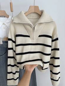 SHEIN 少女黑白条纹休闲学院风海军蓝领套头长袖毛衣上衣，适合秋冬季节，干净女孩，返校季 - 黑與白 - 查看 3