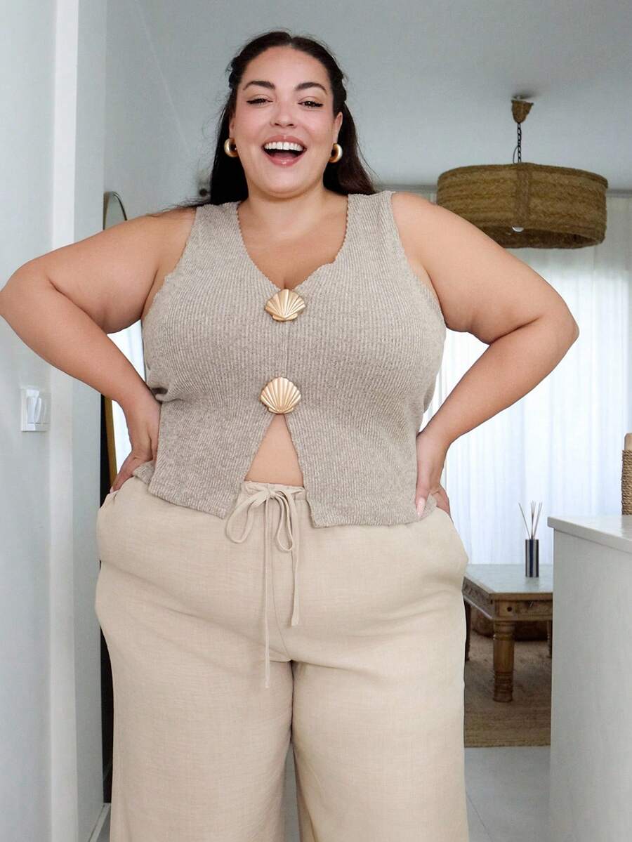 Pretty and Ole Pantaloni larghi con vita media e coulisse, abbigliamento vacanziero elegante e carino per l'estate - Cachi - Visualizzare 1