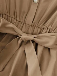 Franclia Khaki,Summer,Elegant,Tea Party Women's French Style Round Neck Flutter Sleeve Elastic Waist Faux Pearl Button Mid-Length Dress For Vacation&Commute - Khaki - View 6