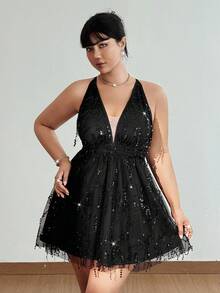 Viva Relle Plus Size Women's Sexy Glamorous Beaded & Sequin Party, Banquet, Wedding Guest Mini Dress, Spaghetti Strap Waist Cinched A-Line Short Dress - Black - View 6