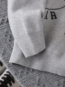 SHEIN 男童学院风卡通熊图案圆领长袖毛衣，适合秋冬季 - 灰色 - 查看 3