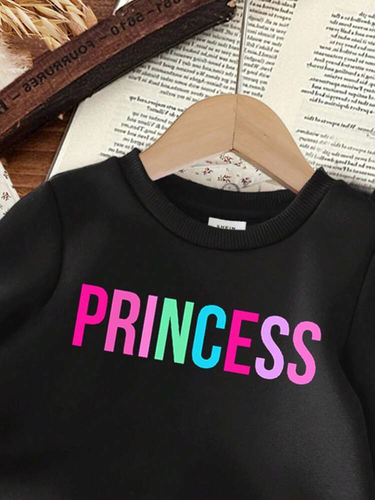 SHEIN طقم ملابس كاجوال سميك مناسب للخريف والشتاء للبنت الصغيرة، مصنوع من صوف مرن بنمط أميري - الأسود - مشاهدة 3