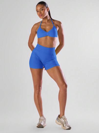 Ra Sport Solid Ruched Bust Open Back Halter Sports BH Active Comfy Workout Gym Running Run Clubpadel, Tennis, Pickleball view 3