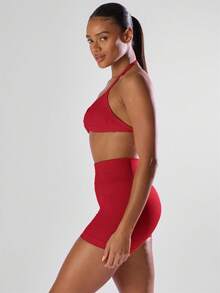 Musera Sport Solid Ruched Bust Open Back Halter Sports Bra, Active Comfy Workout Gym Running Run Clubpadel, Tennis, Pickleball - Red - View 4