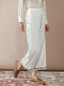 Florisole Autumn Bohemian Embroidered Beaded Casual Loose Wide-Leg Women Pants Fall Cloth For Women