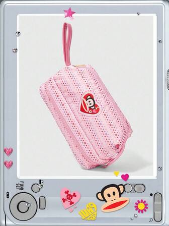 Paul Frank X ROMWE Bolso de mano grande con capacidad de almacenamiento, de estilo de moda con estampado de mono lindo en color rosa, para guardar maquillaje y otros artículos
