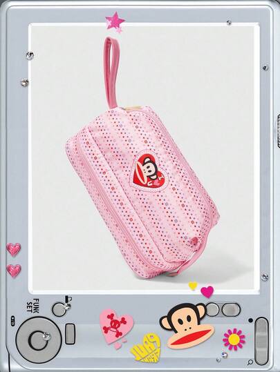 Paul Frank X ROMWE Bolso de mano grande con capacidad de almacenamiento, de estilo de moda con estampado de mono lindo en color rosa, para guardar maquillaje y otros artículos