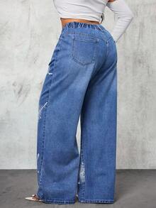 SHEIN PETITE Women's Casual Washed Feather Print Rhinestone Embellished Jeans - Blue - View 9