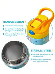Paul Frank X SHEIN 16 Oz / 500 Ml Cartoon Pattern Insulated Stainless Steel With Handle And Silicone Straw, Suitable For School, Travel, Easy To Carry - Blue - View 4