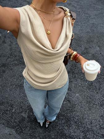 Siren Gaze Blusa con cuello asimétrico, cintura fruncida y drapeado, elegante y sexy para oficina con decoración de botón metálico en el hombro, ideal para moda, oficina, elegancia, sexy, vacaciones, playa, Hawái, cuello drapeado, ropa exterior