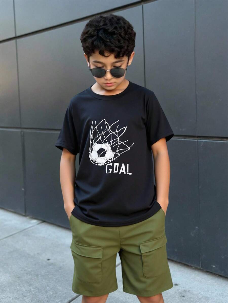 Tween Boys Football Print Black T-Shirt & Military Green Cargo Shorts Set,Summer Casual Vacation School Travel Outdoor Sports Soft Outfit - Multicolor - View 1