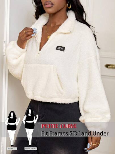 SHEIN PETITE CURVE Plus Size's Half Zipper White Fleece Sweatshirt With Letter Patch Design,Long Sleeve Tops Winter Fall Autumn