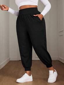 SHEIN PETITE CURVE 大码纯色抽绳裤脚度假休闲裤 - 黑色 - 查看 3