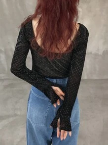 FRIFUL 女式黑色波尔卡圆点透明网眼长袖休闲T恤，适合秋季穿着 - 黑色 - 查看 3