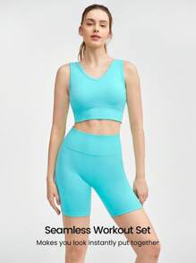 GLOWMODE 無縫動力加強V領交叉胸衣和條紋短褲套裝，中等強度運動跑步 - 藍色 - 查看 11