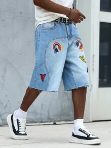 Manfinity EMRG Men's Denim Shorts With Wide Legs And Fun Dopamine Logo, Suitable For Parties And Music Festivals - Light Wash - View 4