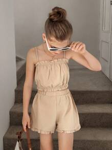 SHEIN Tween Girls 2Pcs Set Woven Solid Color Ruffle Trim Adjustable Strap Crop Top And Ruffle Hem Shorts