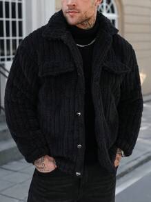 Manfinity CasualCool Manfinity Flap Detail Button Front Flannel Fleece Jacket, Men Front Button Long Sleeve Pocket Simple Jacket, Casual Daily Wear, Autumn And Winter, Boyfriend Gift, For Going Out, Teddy Lined Coat, Streetwear, Street Style American Retro Jacket, Grunge - Black - View 7