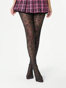 ROMWE Goth 1 par de medias de estampado de leopardo con hilo plateado oscuro gótico - Negro - View 5