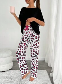 RueChic Women 2 Pcs High Quality Soft Touch Short Sleeve Shirt And Contrast Colour Leopard Pattern With Ribbbon Detail Sleep Bottom PJ Set - Black - View 4