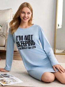EURMUSE Women Round Neck With Long Sleeved Shirt Lettered Homewear Pajama Dress Long Sleeve Nightgown Sleeping Dress Pajamas Dress Loungewear Dress Sleeping Pajamas For Women - Blue - View 3