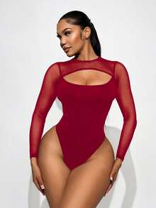 Sirith 女士纯色圆领插肩袖镂空修身紧身衣 - 酒紅色 - 查看 3