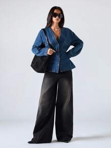 Muchica Áo sơ mi denim dáng rộng, cài cúc phía trước, kiểu dáng thường ngày, đã qua xử lý. - Màu xanh lam - Xem 6