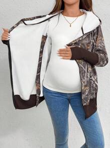 SHEIN Maternity Camouflage Print Zip Up 3-In-1 Nursing Hooded Coat Women's Fall Clothes Halloween Clothes - Army Green - View 6