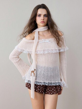ROMWE Avant Suéter elegante y de moda para mujer con encaje, hombros descubiertos y bufanda