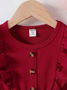 SHEIN 女童玫瑰印花荷叶边下摆收腰 A 字中长连衣裙，春秋