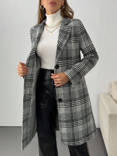 EURMUSE Buttons On The Front, Pockets Regular Sleeves Lapel Regular Fit Multicolor Check Women's Coat, Casual Everyday Wear