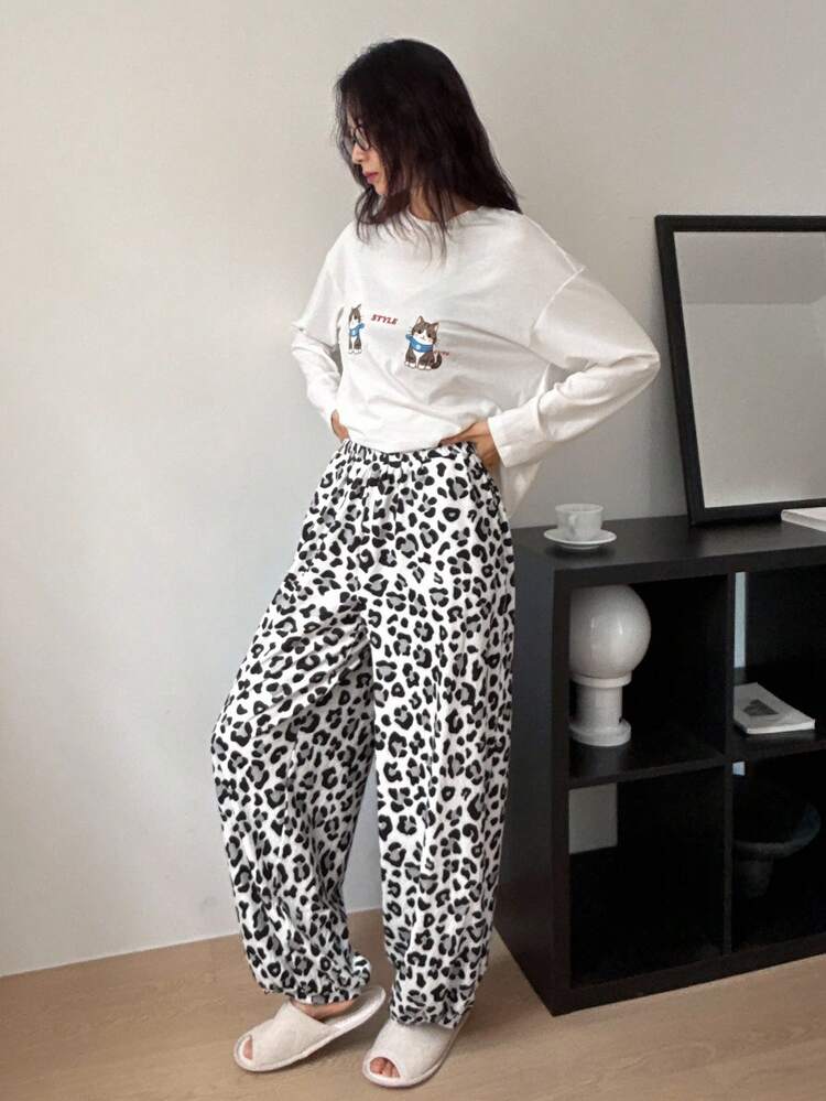 2pcs Women Cat & Leopard Print Loose Long Sleeve T-Shirt And Pants Pajama Set, Fall Winter Clothes