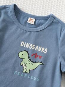 Cozy Pixies 2 pezzi Set di magliette a maniche lunghe in maglia morbida con collo a giro e stampa di dinosauri per bambini maschi, magliette leggere con grafica di dinosauri