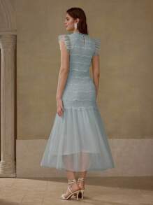 MOTF PREMIUM VESTIDO ROMÁNTICO PARA VACACIONES CON TELA FRUNCIDA Y CONTRASTE DE MALLA - Azul - Ver 4