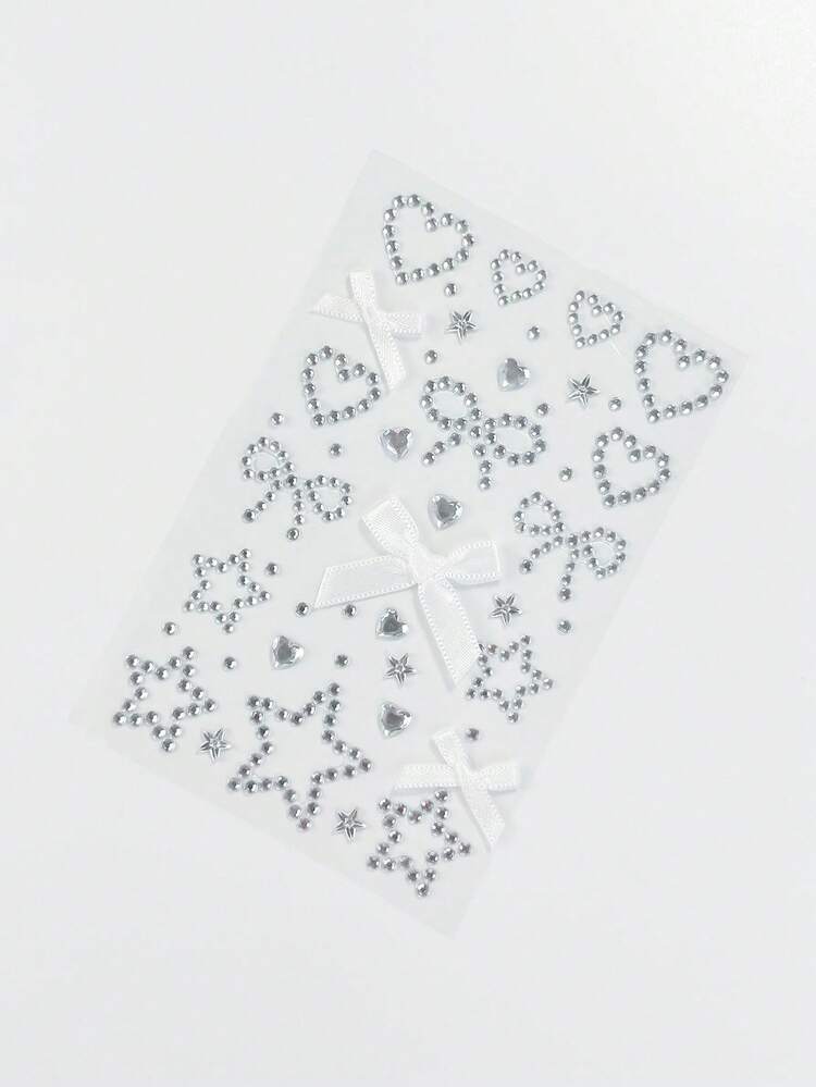 ROMWE Kawaii 1個 レース リボン、ハート、星、リボン、ダイヤモンドグリッター&フェイシャルジュエルステッカー - ホワイト - 見る 2