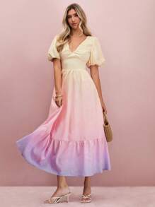 Enchnt 女士优雅渐变泡泡袖连衣裙，夏季 - 粉色 - 查看 5