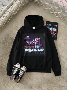 Discovery X SHEIN Men's Letter & Astronaut Graphic Pullover Hoodie , Fall - Black - View 1