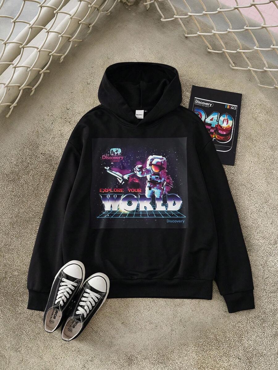 Discovery X SHEIN Men's Letter & Astronaut Graphic Pullover Hoodie , Fall - Black - View 1