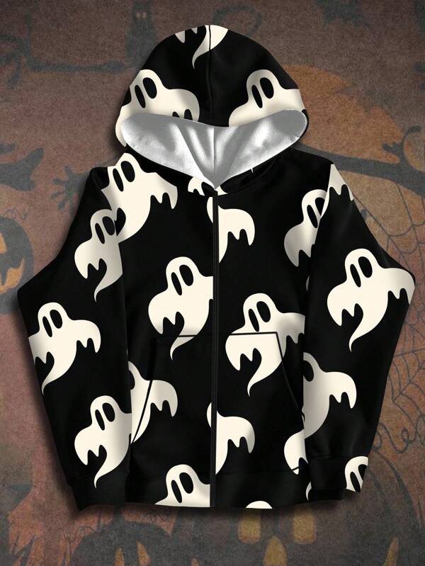 Manfinity EMRG Men's Halloween Cute Ghost Print Zip-Up Hoodie Sweatshirt