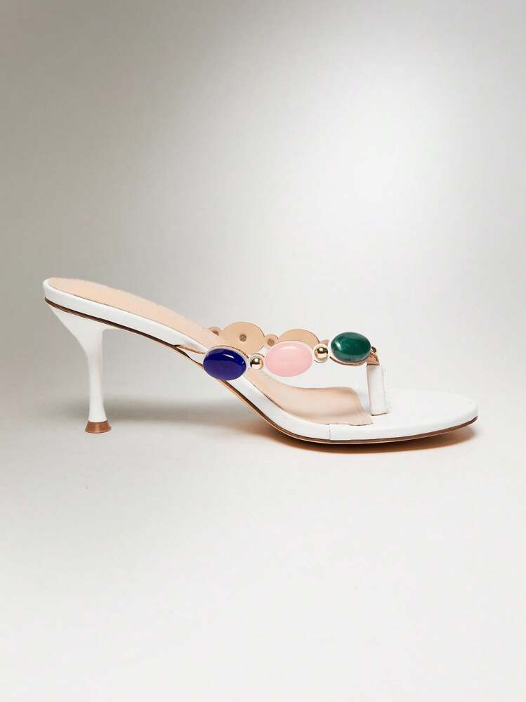 SHUZIA 女士宝石装饰细高跟日常复古性感沙滩优雅 PU 白色高跟凉鞋 - 白色 - 查看 5