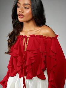 MISSGUIDED Chiffon Off-Shoulder Bodysuit mit Rüschen, Puffärmeln und Bubbleausschnitt für Partys, Festivals, Abende, festliche Anlässe, Strand und Urlaub, Sommerbekleidung